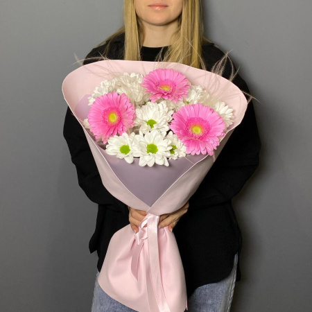 Букет_Букет с розовой герберой и хризантемой